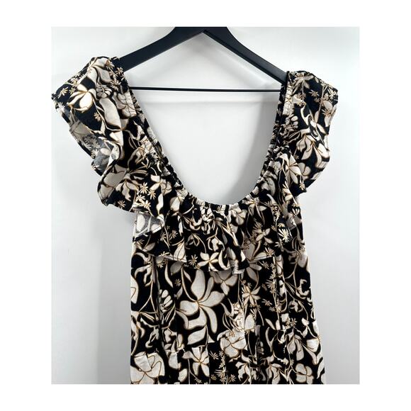 Ava & Viv 1X Black and Tan Floral Linen Blend Midi Ruffle Dress - Picture 2 of 8